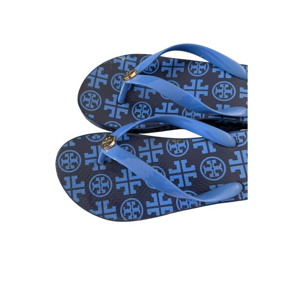 TORY BURCH Blue Gold Platform Flip Flops Sandals Size 8 - Picture 3 of 10